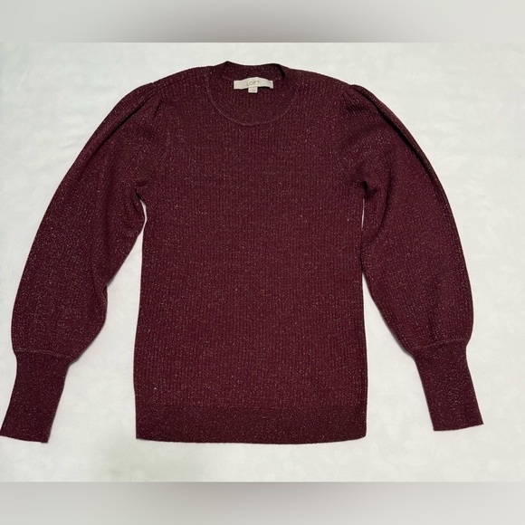 LOFT Burgundy Crewneck Sweater with Puff Sleeves - Picture 1 of 6